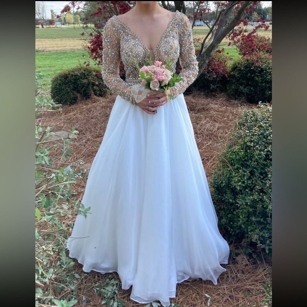 Jovani Ivory Skirt with Gold Beaded Long-Sleeve Bodice Prom Dress